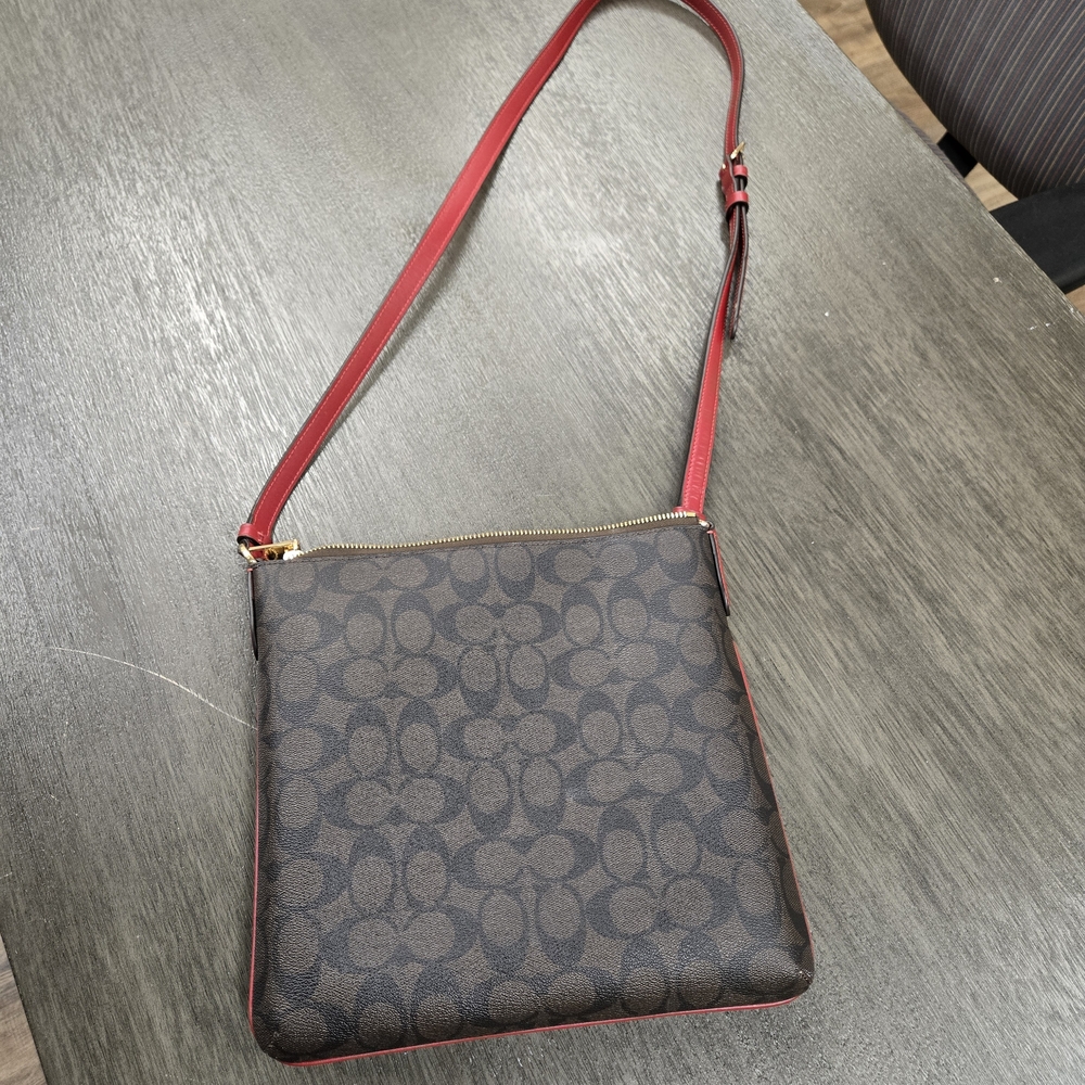 Coach Brown and Red Signature Crossbody Bag - Picture 9 of 11